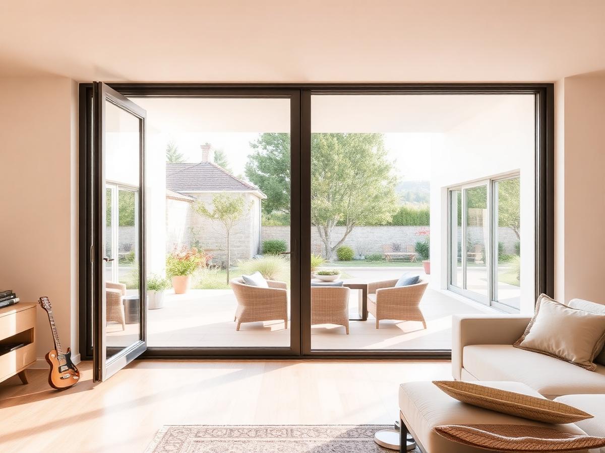 Baie coulissante aluminium ouvrant un salon sur une terrasse