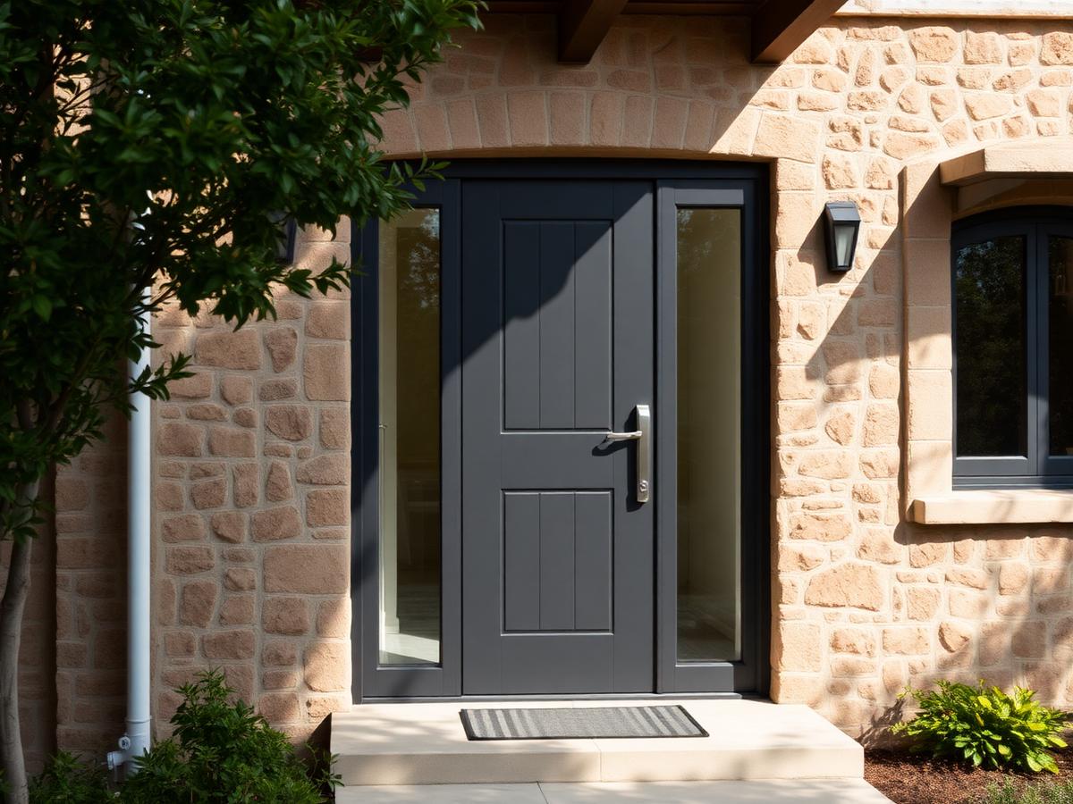 Porte d'entrée aluminium anthracite sur une façade en pierre
